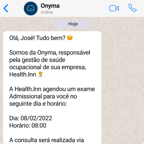 Ilustração da interação da Onyma com os pacientes pelo WhatsApp